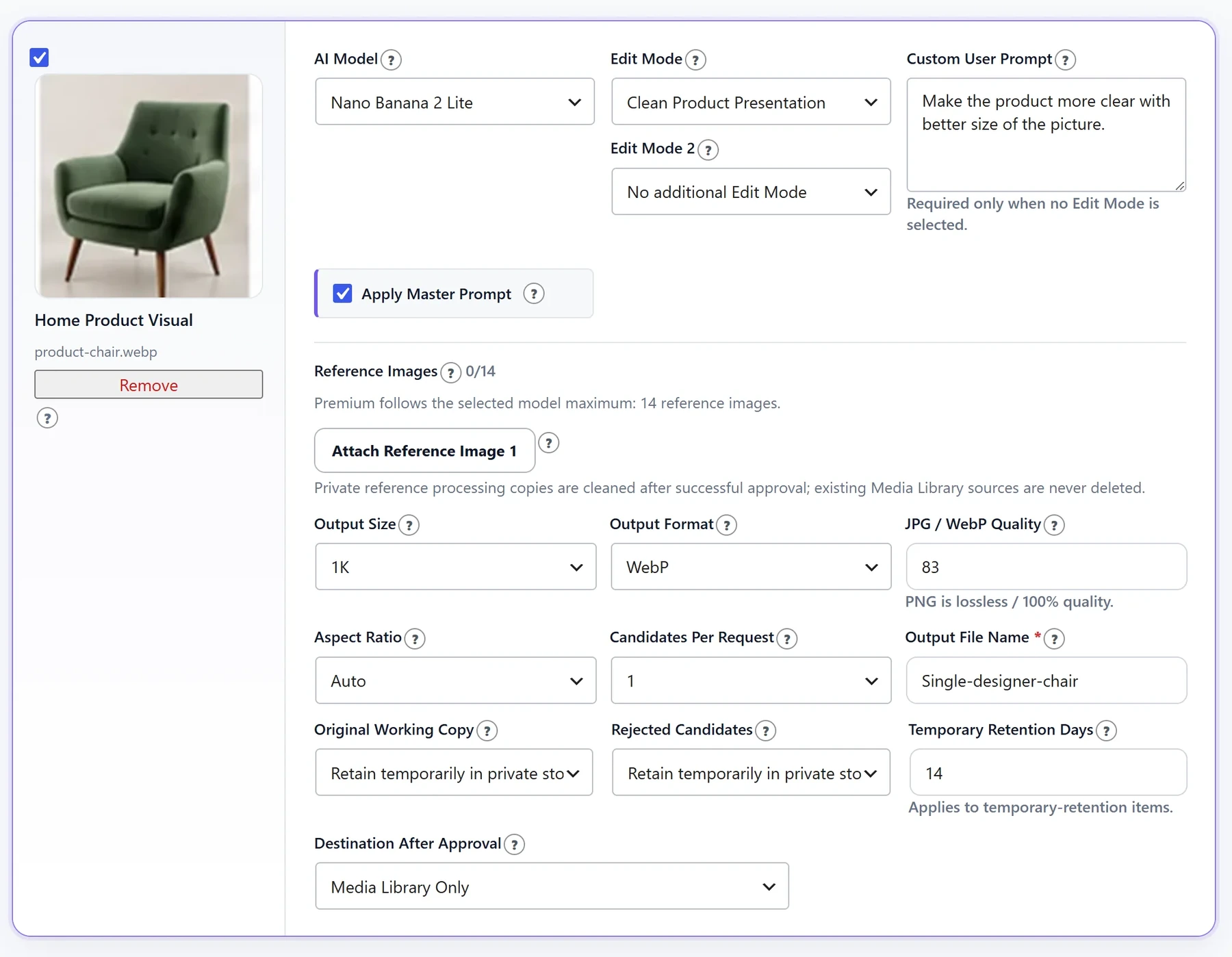 Product Image Studio workflow inside WordPress