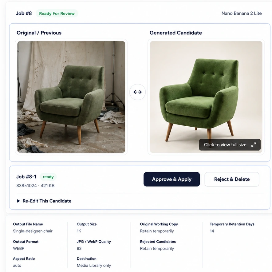 Product review workflow showing a messy original chair photo beside a clean generated candidate